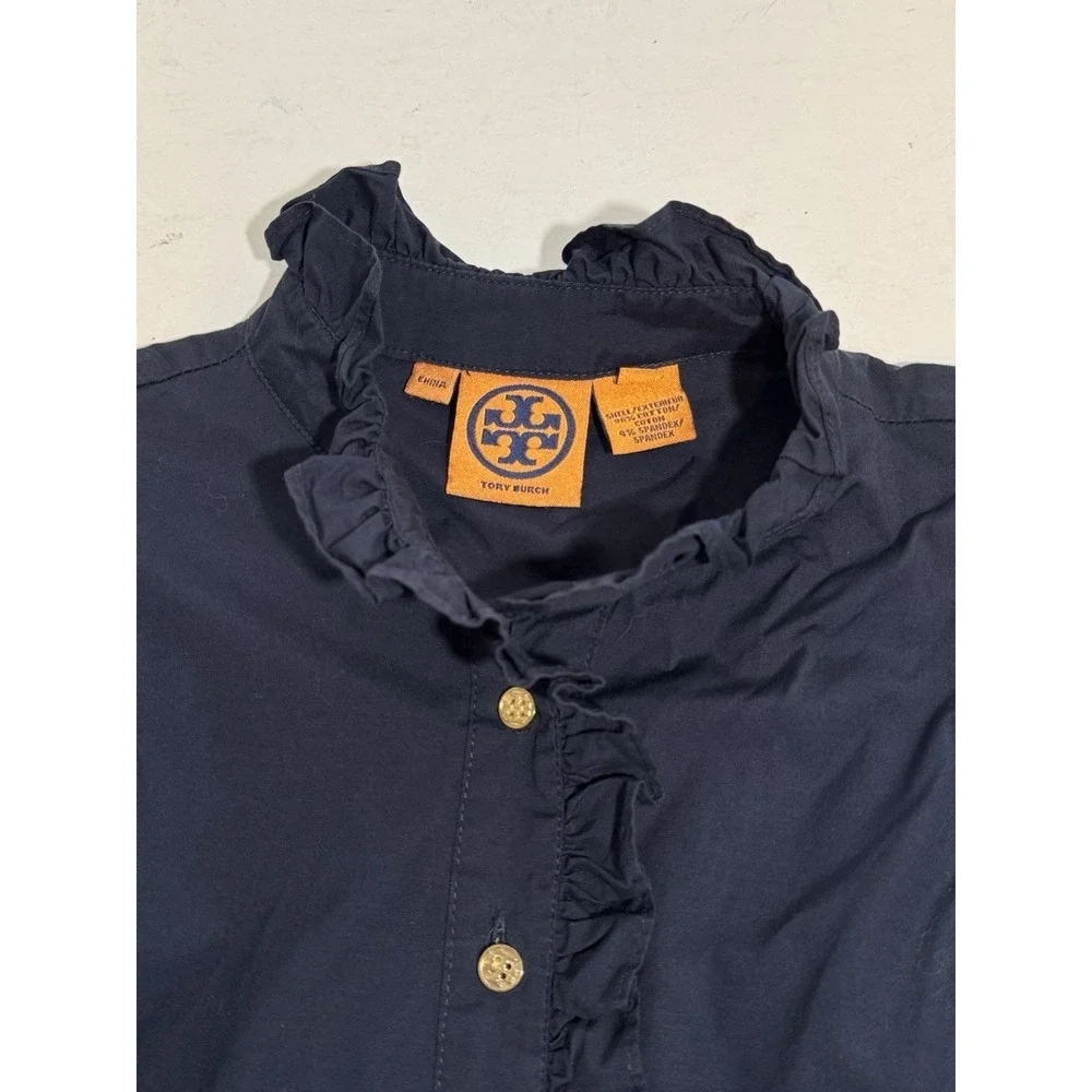 Tory Burch Navy Ruffle Shirt Dress Gold Buttons 3/4 Sleeve‎ Sz 4